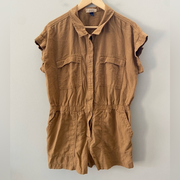 Universal Threads Utility Linen Blend Cap Sleeve Lightweight Tan Brown Romper - Picture 2 of 5